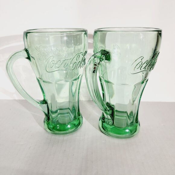 Libbey Coca Cola Mug Drinking Glass Handle Green Glass Vtg Embossed Design Retro - Picture 7 of 12